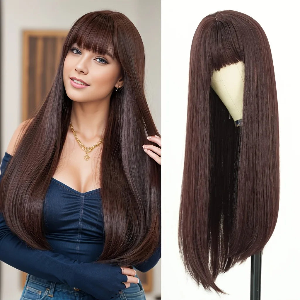 26" Long Straight Synthetic Wig for Women with Bangs - Heat Resistant, Natural Soft Hair