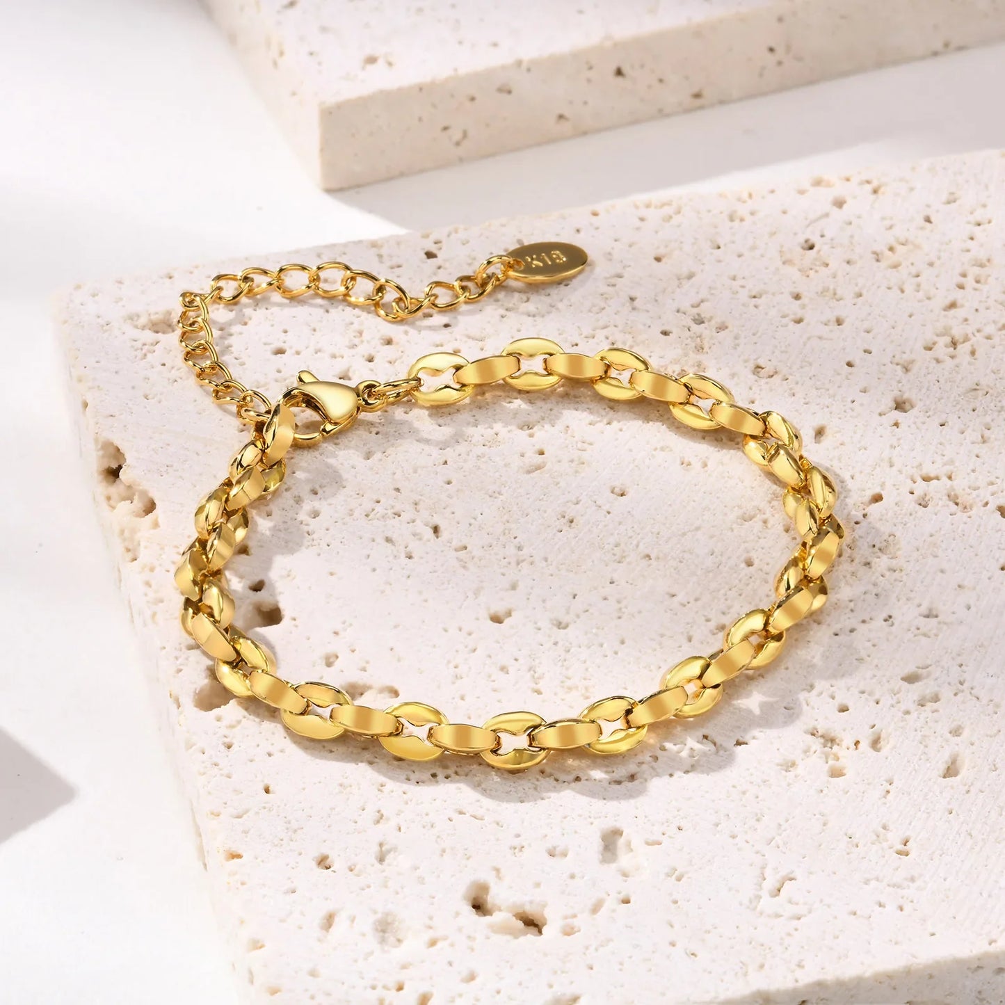 Simple Chain Bracelet for Women, 18k Gold Plated Stainless Steel Link Adjustable