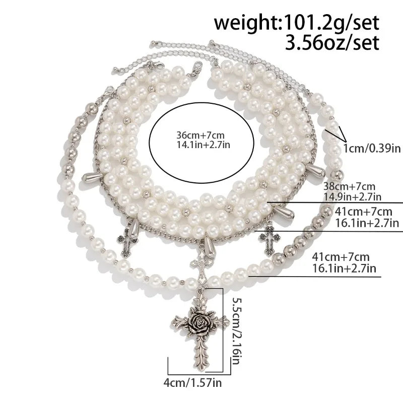 Layered Pearl Necklace for Women Gothic Cross Pearl Stacked Statement Pendant Necklace for Mom Girls Wedding Party Jewerly