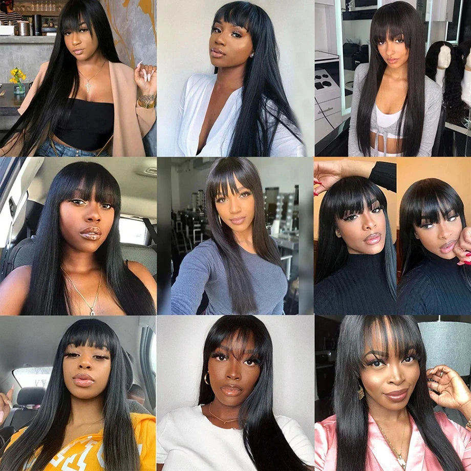 32 Inch Straight Human Hair Wigs With Bangs For Women Cheap Machine Made Fringe Wig 100% Human Hair Brazilian Wigs with Bangs