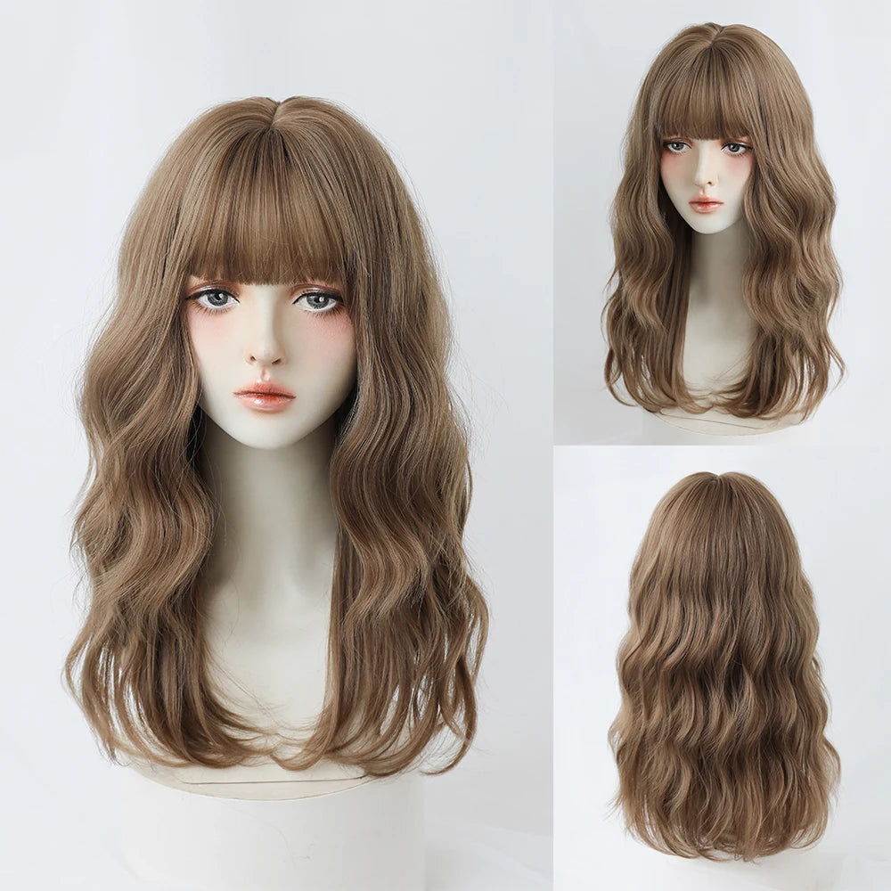 Long Curly Hair Women Wig with Bangs Daily Brown Black Pink Lolita Cosplay Braided Wigs Heat Resistant Fiber Party Fake Hair
