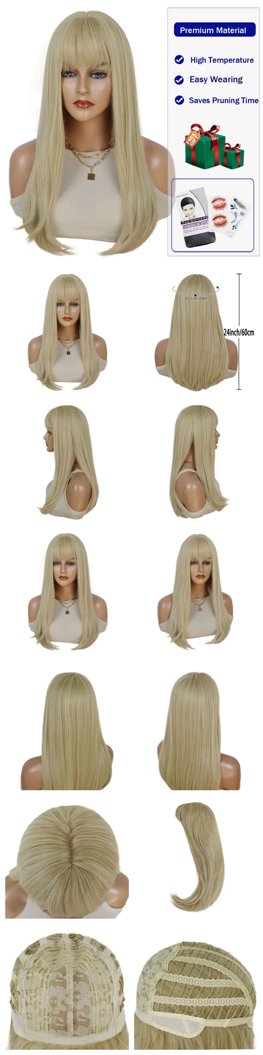 Long Blonde Wigs for Women Synthetic Hair Silky Straight Wig with Bangs Blond Cosplay Wig Drag Queen Lolita Party Heat Resistant