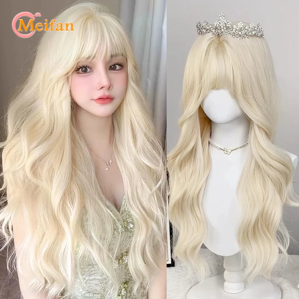 Long Blonde Wavy Synthetic Wigs with Bangs Cosplay Lolita Party Hair Wigs for Women Natural Wig Daily Use Halloween Wig