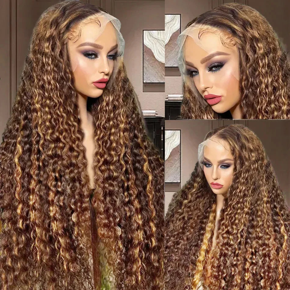 P427 Curly Highlight Wig Human Hair 13x4 HD Lace Frontal Wigs Preplucked 200 Density 100% Human Hair Deep Wave wig For Women