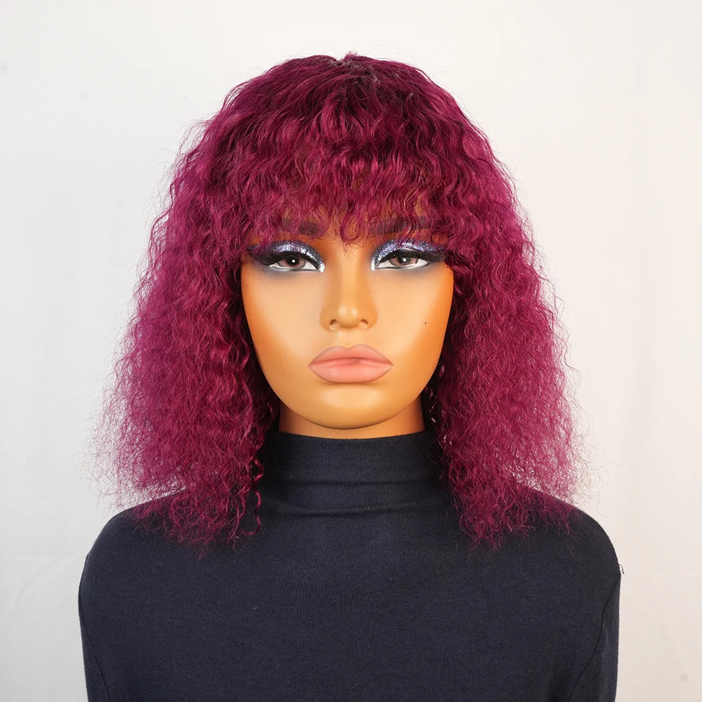 Kinky Curly Human Hair Wig with Bangs for Women Black 99J Burgundy Glueless Short Water Wave Curly Bob Wigs Human Hair with Bang