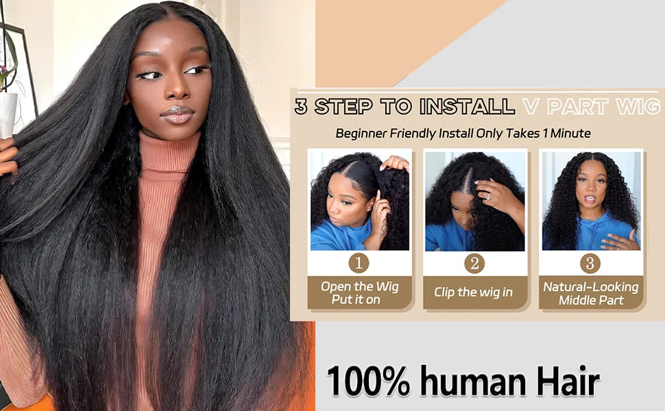 U V Part Wig Human Hair No Leave Out No Glue Kinky Straight U Part Wig Glueless Yaki Straight Human Hair Wigs For Women Virgin