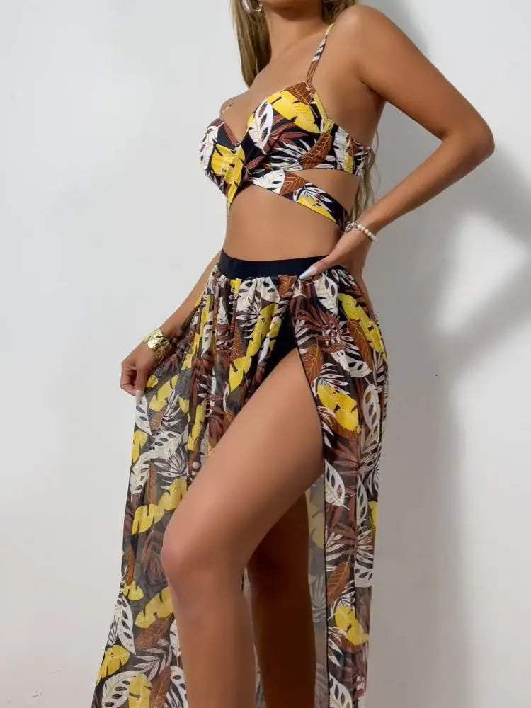 2025 New Sexy 3 Piece Bikini Set Black Push Up Bikini with Leaf Print, Low Waist Bottoms & Skirt Women's Swimsuit