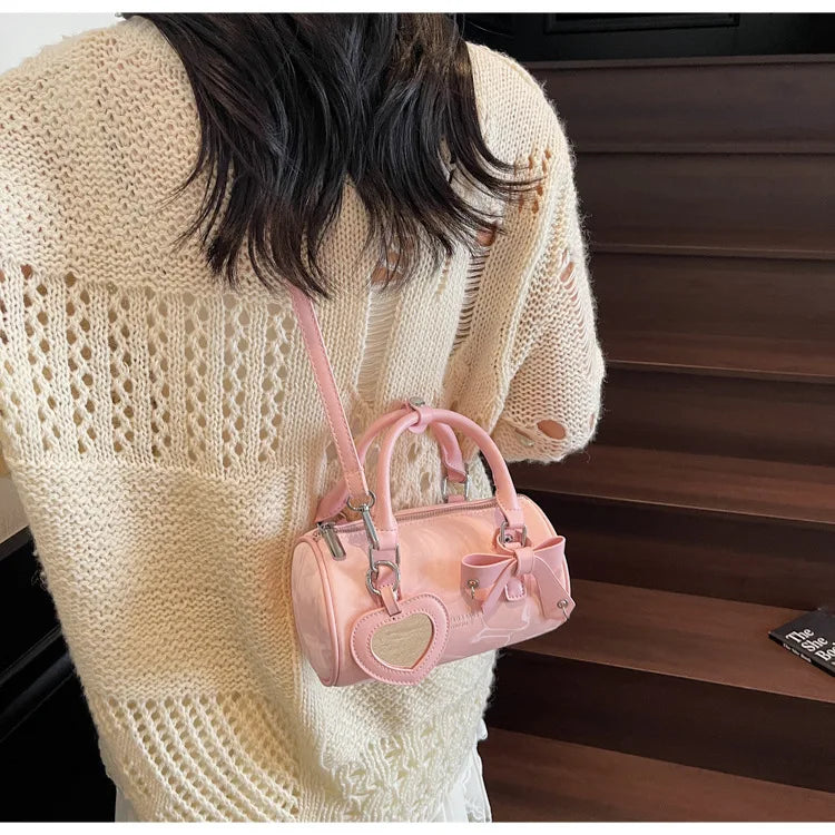 2025 Bow-Embellished Boston Bag Women Fashion Shoulder Crossbody Purse Stylish Cylinder Handbag for Work Travel Outings