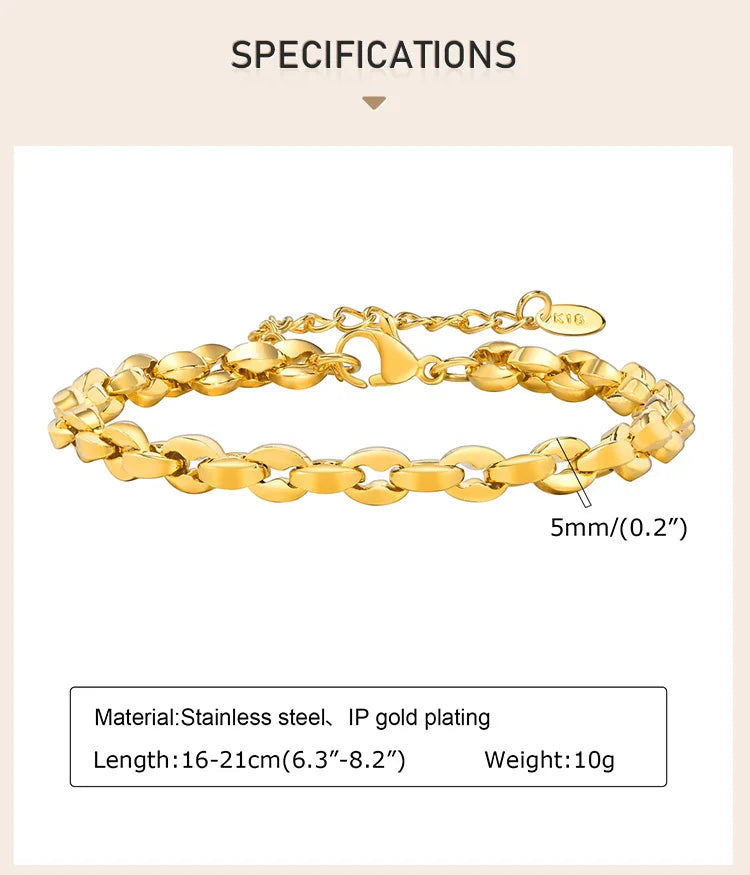 Simple Chain Bracelet for Women, 18k Gold Plated Stainless Steel Link Adjustable