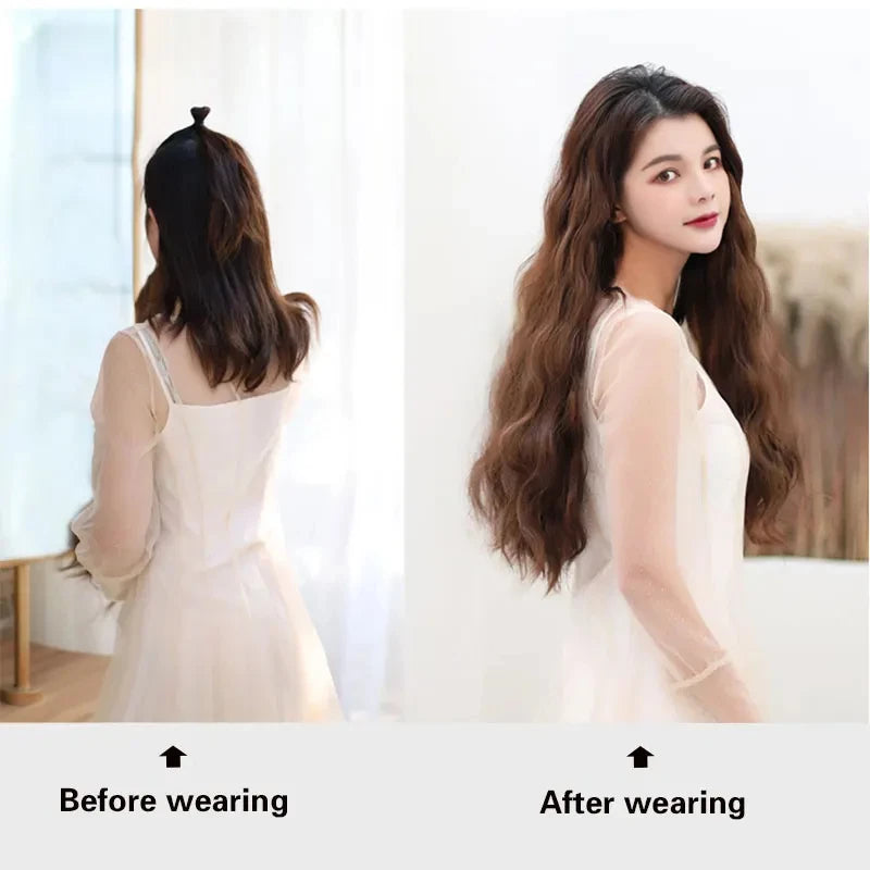 Long Wavy Culry U-Shaped Half Wig for Women 24" Natural Female Long Black Brown Wigs Heat Resistant Synthetic Hair Extensions