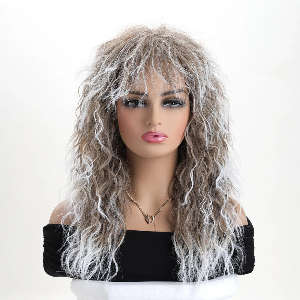 Women’s 70s 80s Style Long Synthetic Curly Hair Wig Glam Rock Rocker Wig Perfect for Halloween Cosplay DIY Themed Costume Party