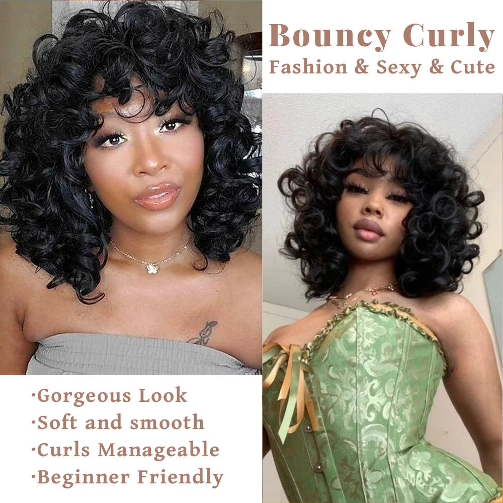 Short Loose Curly Human Hair With Bangs For Women Natural Black Bouncy Rose Curl Wig With Bangs Short Big Curly Glueless Wigs