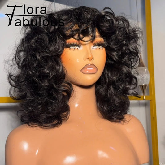 Short Loose Curly Human Hair With Bangs For Women Natural Black Bouncy Rose Curl Wig With Bangs Short Big Curly Glueless Wigs