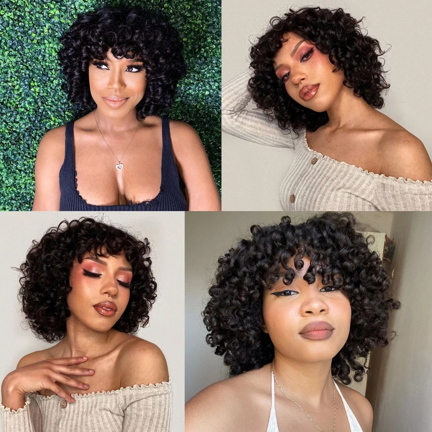 Short Loose Curly Human Hair With Bangs For Women Natural Black Bouncy Rose Curl Wig With Bangs Short Big Curly Glueless Wigs