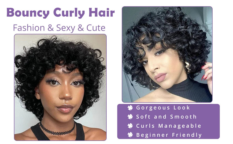 Short Loose Curly Human Hair With Bangs For Women Natural Black Bouncy Rose Curl Wig With Bangs Short Big Curly Glueless Wigs