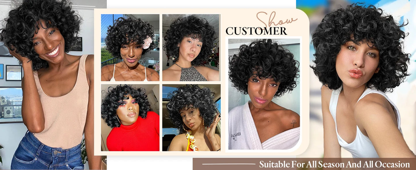 Short Loose Curly Human Hair With Bangs For Women Natural Black Bouncy Rose Curl Wig With Bangs Short Big Curly Glueless Wigs
