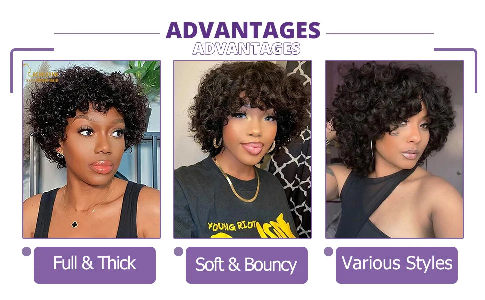 Short Loose Curly Human Hair With Bangs For Women Natural Black Bouncy Rose Curl Wig With Bangs Short Big Curly Glueless Wigs