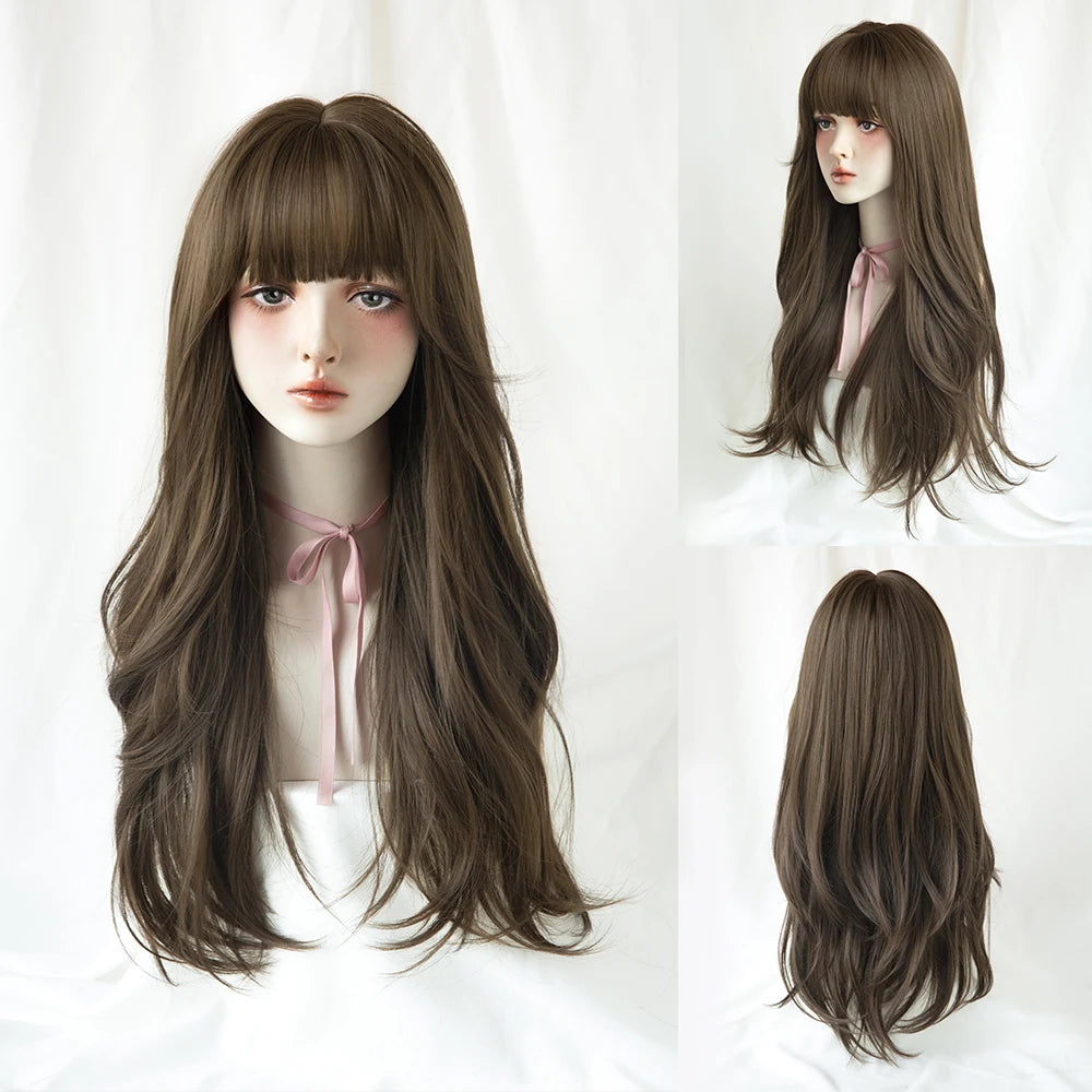 Long Curly Hair Women Wig with Bangs Daily Brown Black Pink Lolita Cosplay Braided Wigs Heat Resistant Fiber Party Fake Hair