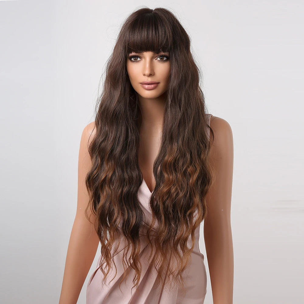 Long Wavy Synthetic Wigs for Women Ombre Brown Blonde Curly Wigs With Bangs Daily Cosplay Party Fake Hair Heat Resistant