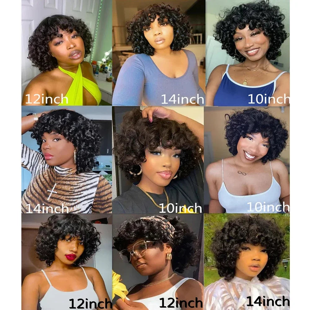 Short Loose Curly Human Hair With Bangs For Women Natural Black Bouncy Rose Curl Wig With Bangs Short Big Curly Glueless Wigs
