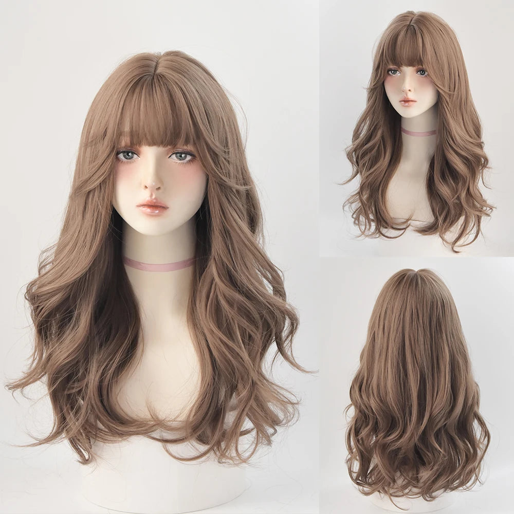 Long Curly Hair Women Wig with Bangs Daily Brown Black Pink Lolita Cosplay Braided Wigs Heat Resistant Fiber Party Fake Hair