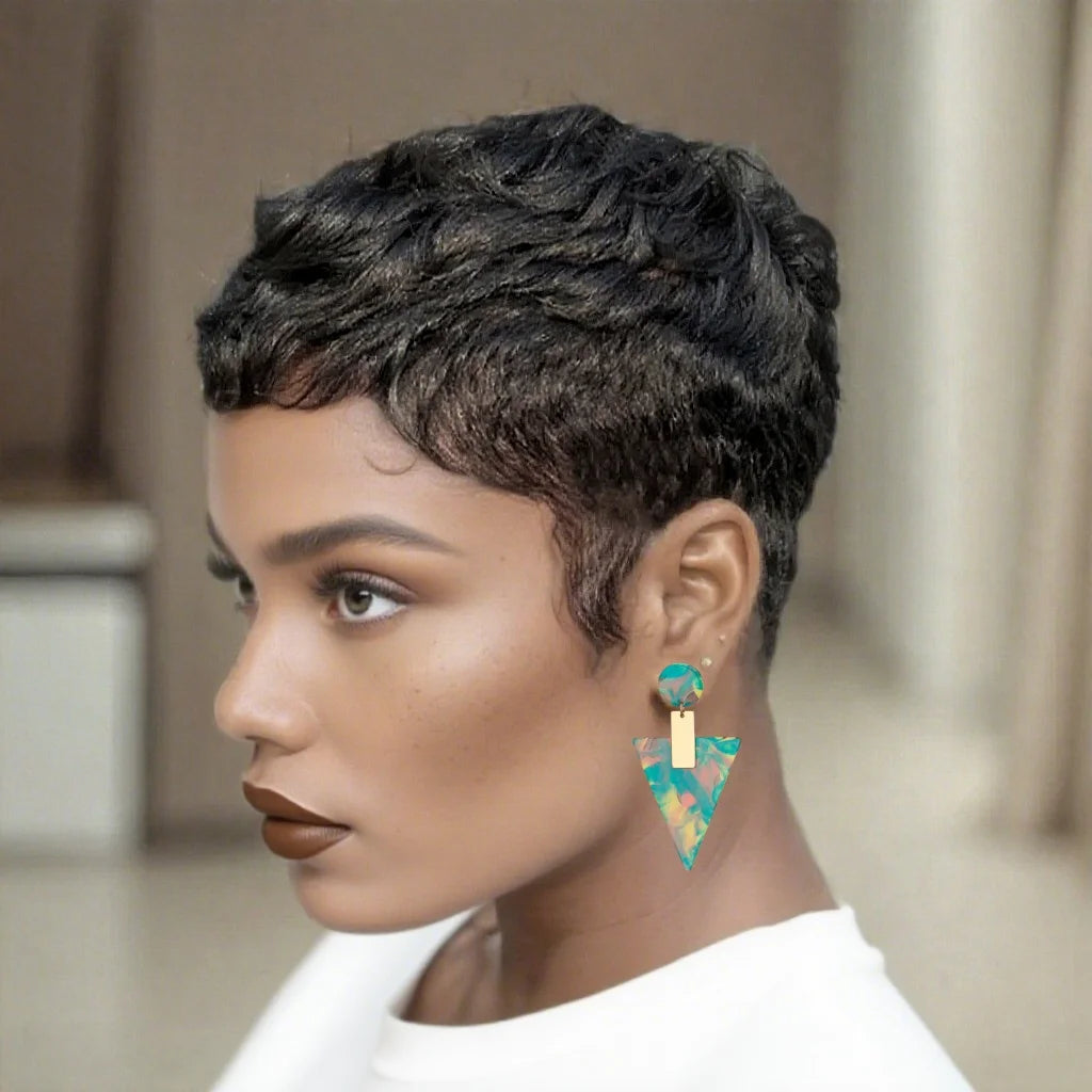 Curly Wave Human Hair Wig Pixie Cut Wigs for Women Human Hair Short Wave Wig with Bangs Layered Full Machine Made wig