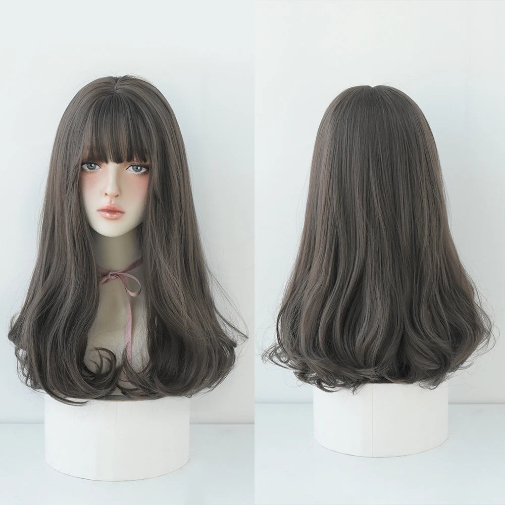 Long Curly Hair Women Wig with Bangs Daily Brown Black Pink Lolita Cosplay Braided Wigs Heat Resistant Fiber Party Fake Hair