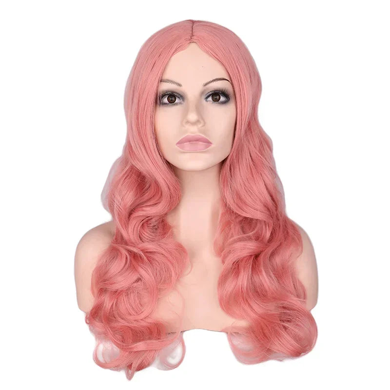QQXCAIW Women Long Wavy Wig Cosplay Black Red Pink Blonde Light Brown Dark Brown Heat Resistant Synthetic Hair Wigs