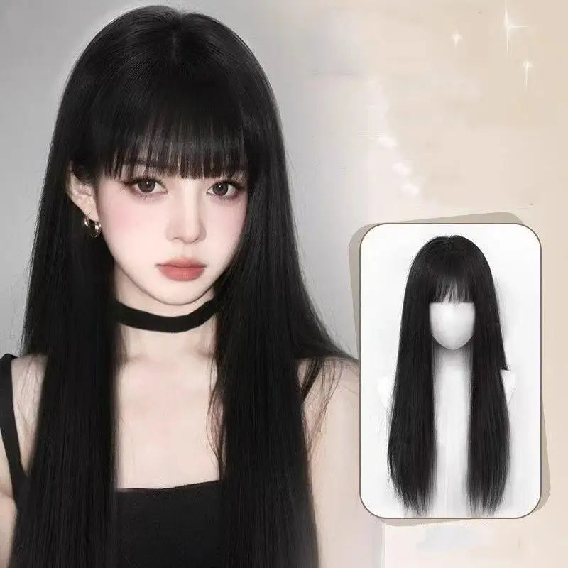 28inches Long Black Straight Wig with Bangs for Women Heat Resistant Fashionable Elegant Synthetic Wig for Cosplay and Party