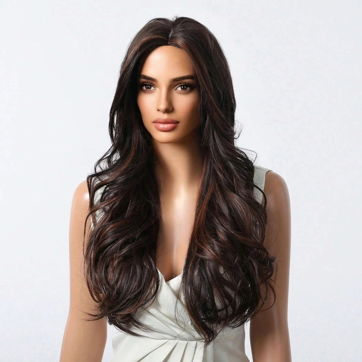 Long Curly Wavy Brown Wigs Highlights Brown Hair Synthetic Wigs For Women Daily Middle Part Natural Looking Wig High Temperature