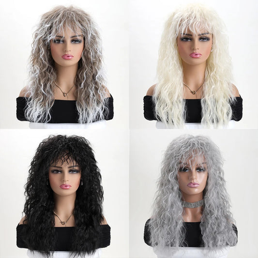Women’s 70s 80s Style Long Synthetic Curly Hair Wig Glam Rock Rocker Wig Perfect for Halloween Cosplay  DIY Themed Costume Party