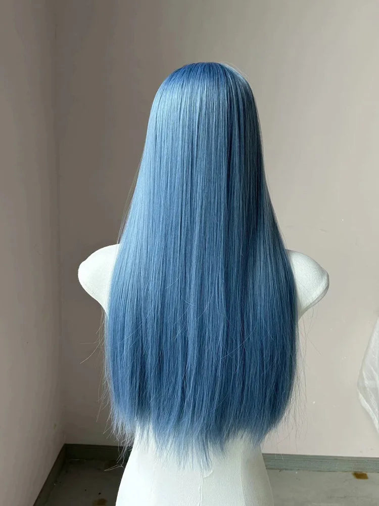 Long Straight Hair Cosplay Synthetic Wig Women Girls Cute Blue Wig With Bangs