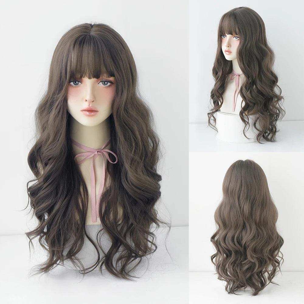 Long Curly Hair Women Wig with Bangs Daily Brown Black Pink Lolita Cosplay Braided Wigs Heat Resistant Fiber Party Fake Hair