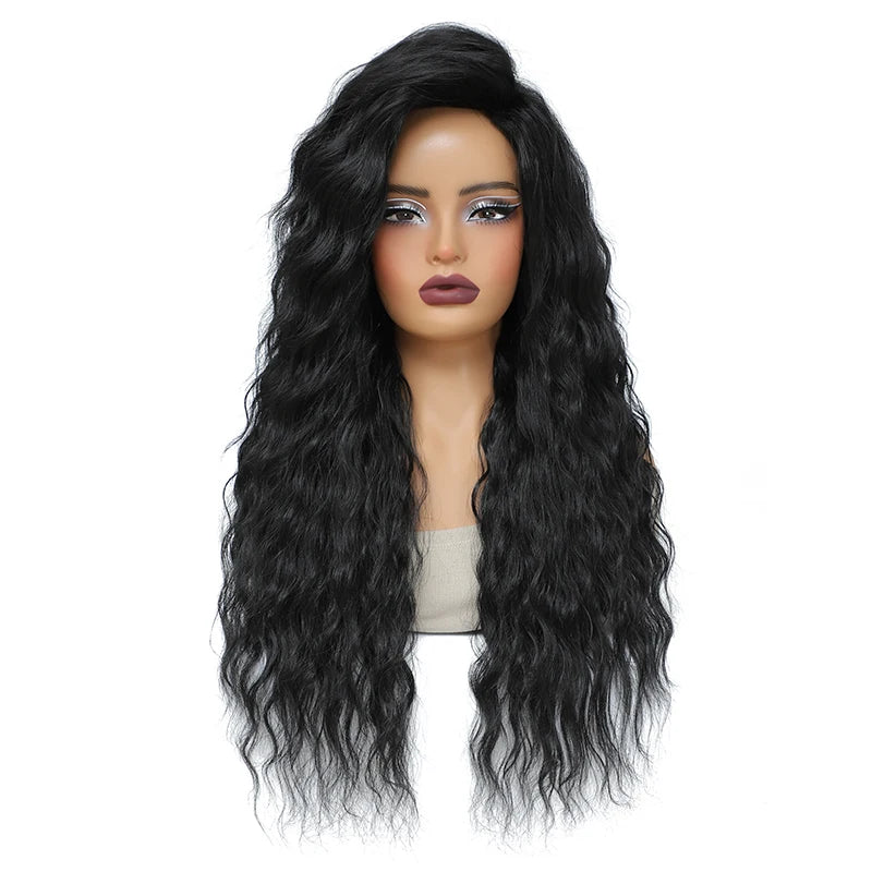 Long Curly Hair Wigs for Women 28 Inch Black Water Wave Free Part Wig Synthetic Heat Resistant Fiber Wave Wig Cosplay Daily Use