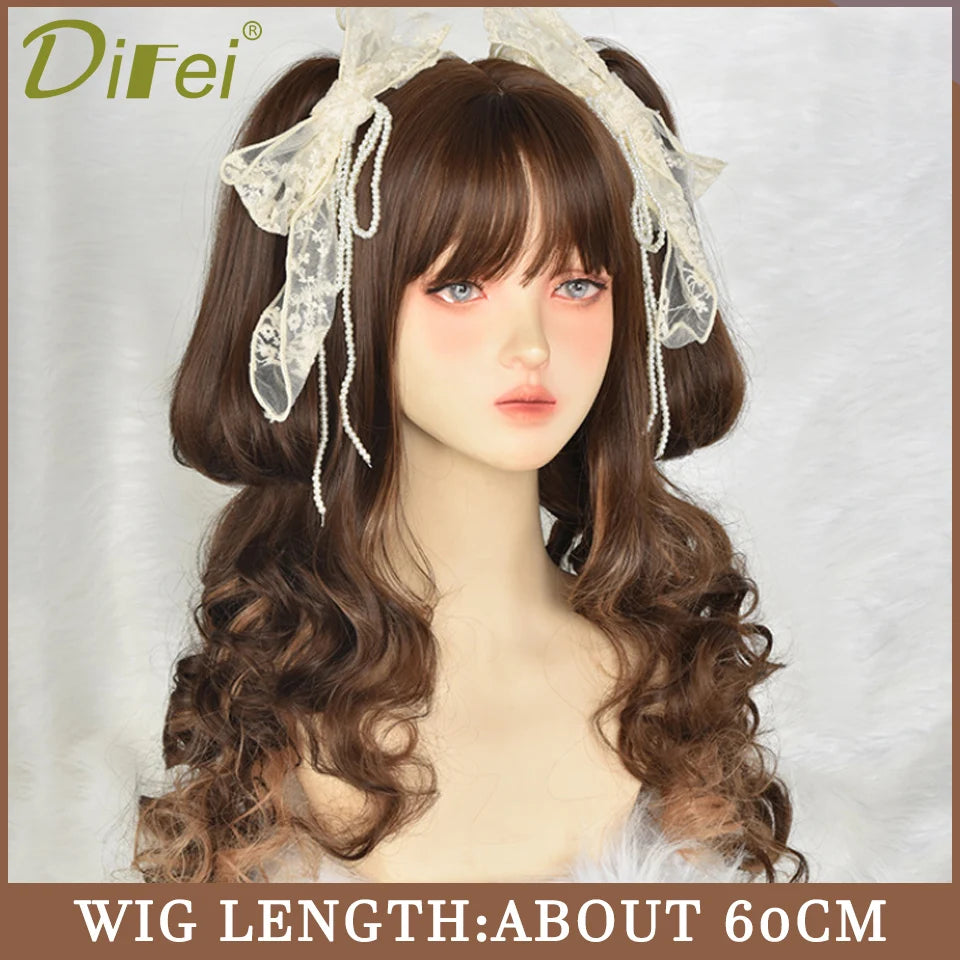 120cm Long Wavy Hair Synthetic Wigs Female Red Brown Coaplay Lolita Wig With Bangs Natural Hair Wigs Women Heat Fesistant  Fiber