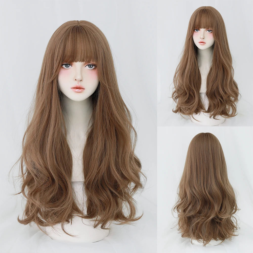 Long Curly Hair Women Wig with Bangs Daily Brown Black Pink Lolita Cosplay Braided Wigs Heat Resistant Fiber Party Fake Hair