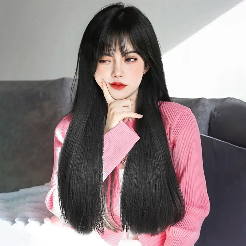 Long straight hair, synthetic fiber and air stripes, charming black face, full head and fashionable wig. wig wigs for women