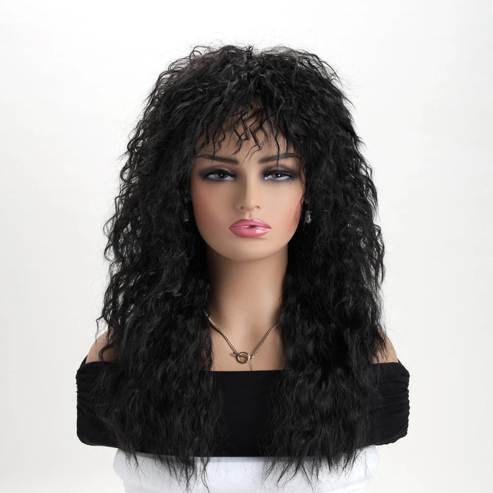 Women’s 70s 80s Style Long Synthetic Curly Hair Wig Glam Rock Rocker Wig Perfect for Halloween Cosplay  DIY Themed Costume Party