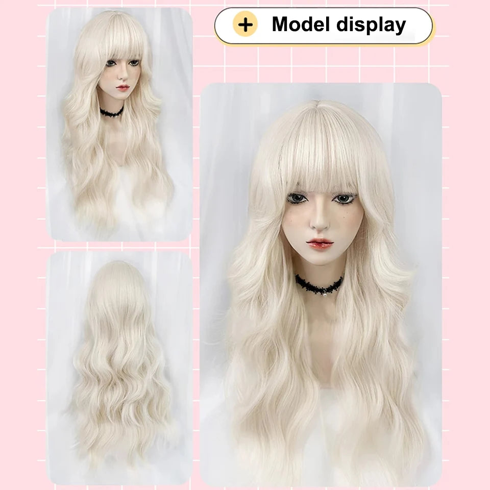 BEAUTYENTER Long Wavy Blonde Synthetic Wigs with Bangs for Women Natural Wave Cosplay Party Daily Use Hair Wigs Heat Resistant