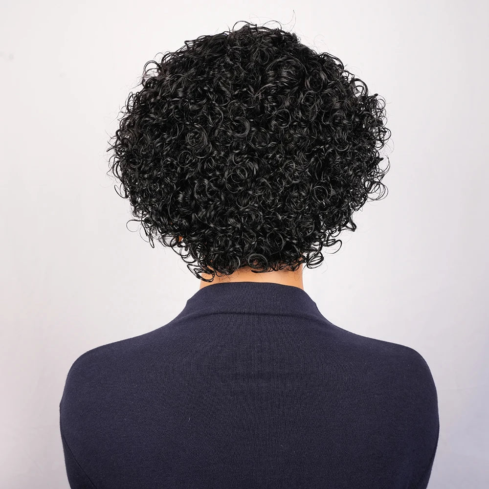 Kinky Curly Human Hair Wig Short Pixie Cut for Women with Bangs Brazilian Hair Machine Made Natural Look Side Part Daily Wear