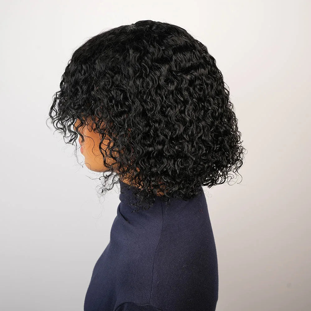 Kinky Curly Human Hair Wig with Bangs for Women Black 99J Burgundy Glueless Short Water Wave Curly Bob Wigs Human Hair with Bang