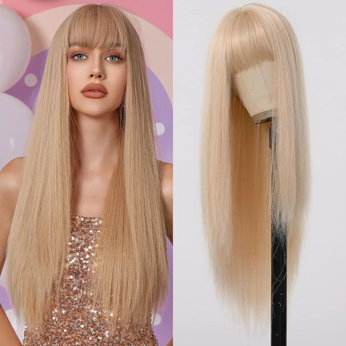 Blonde Wig Women Long Straight Bangs Natural Synthetic Fiber Synthetic Hair Fashion Ladies Daily Party Use Heat Resistant