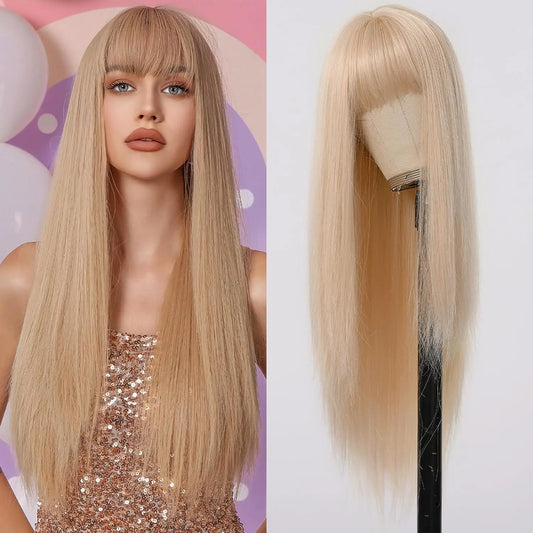 Blonde Wig Women Long Straight Bangs Natural Synthetic Fiber Synthetic Hair Fashion Ladies Daily Party Use Heat Resistant