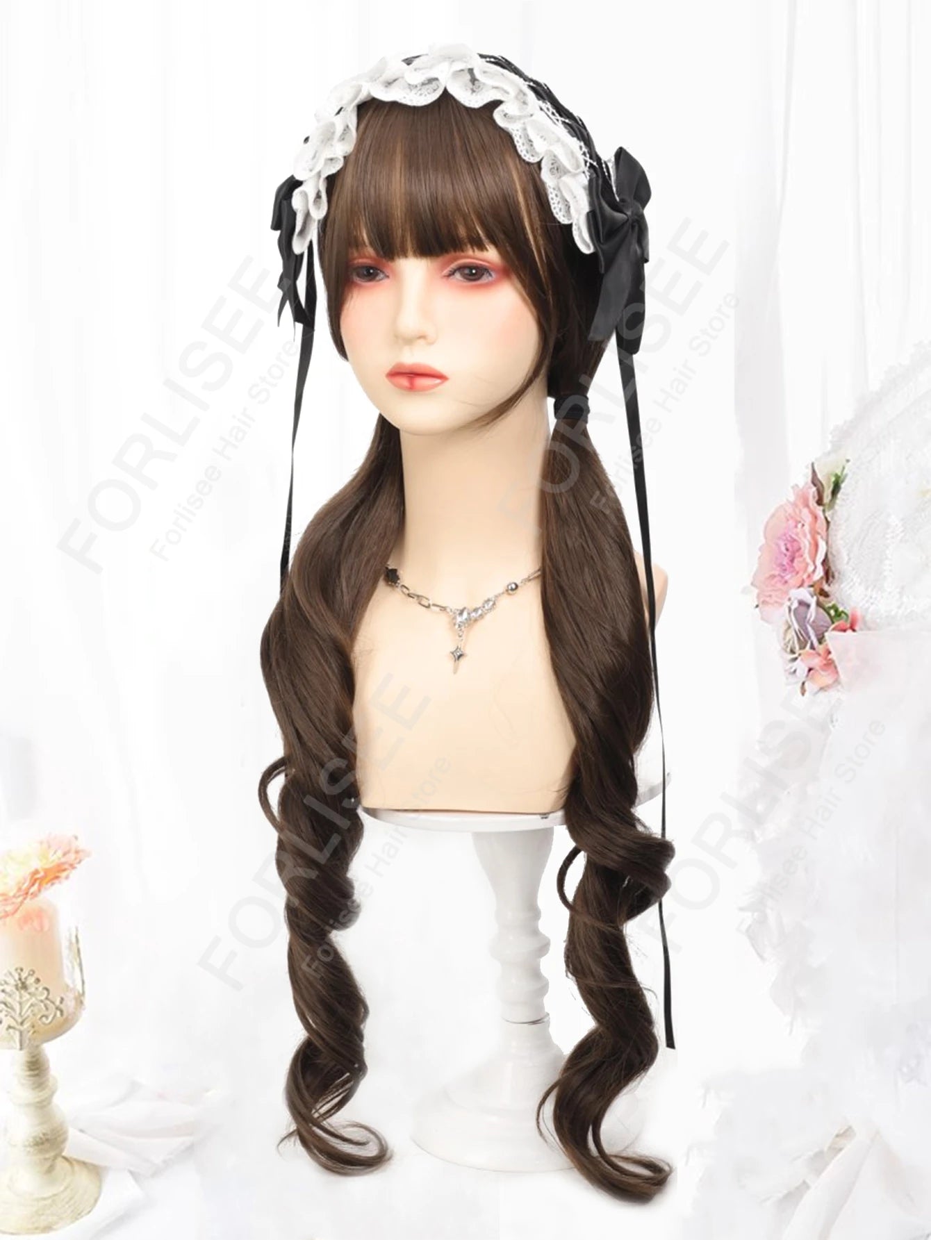 Double Ponytail Hazelnut Gray Brown Long Curly Hair with Bangs Synthetic Heat Resistant Fiber Wig Suitable for Women Daily Party