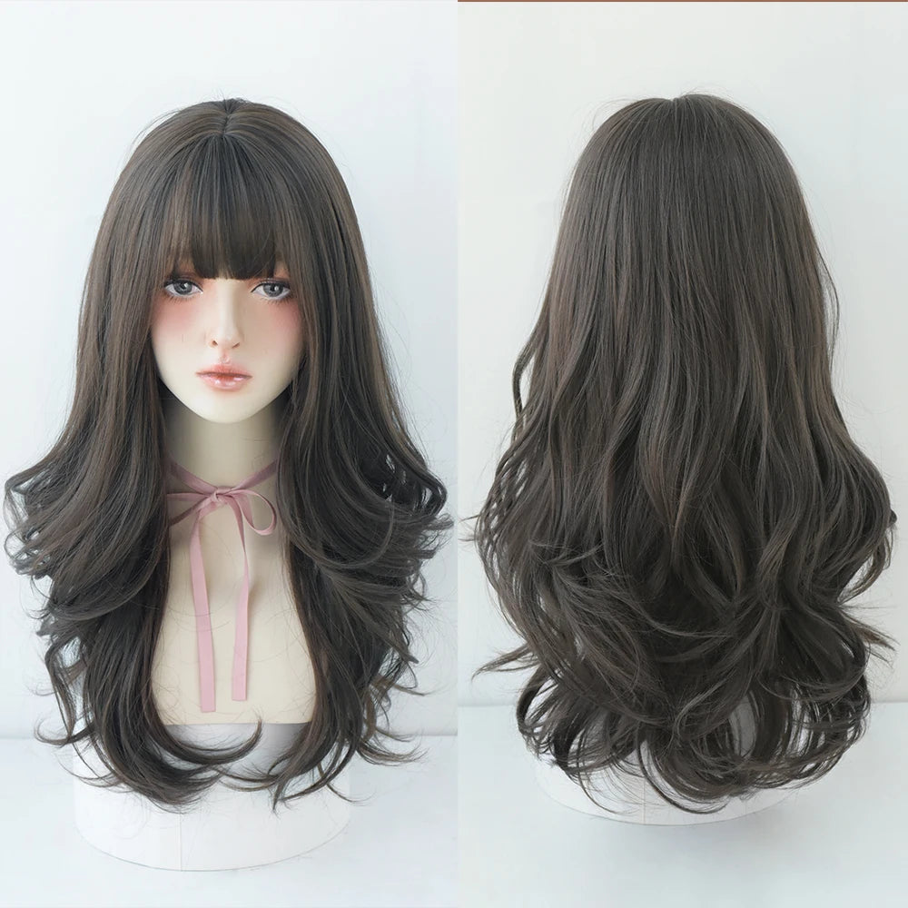 Long Curly Hair Women Wig with Bangs Daily Brown Black Pink Lolita Cosplay Braided Wigs Heat Resistant Fiber Party Fake Hair