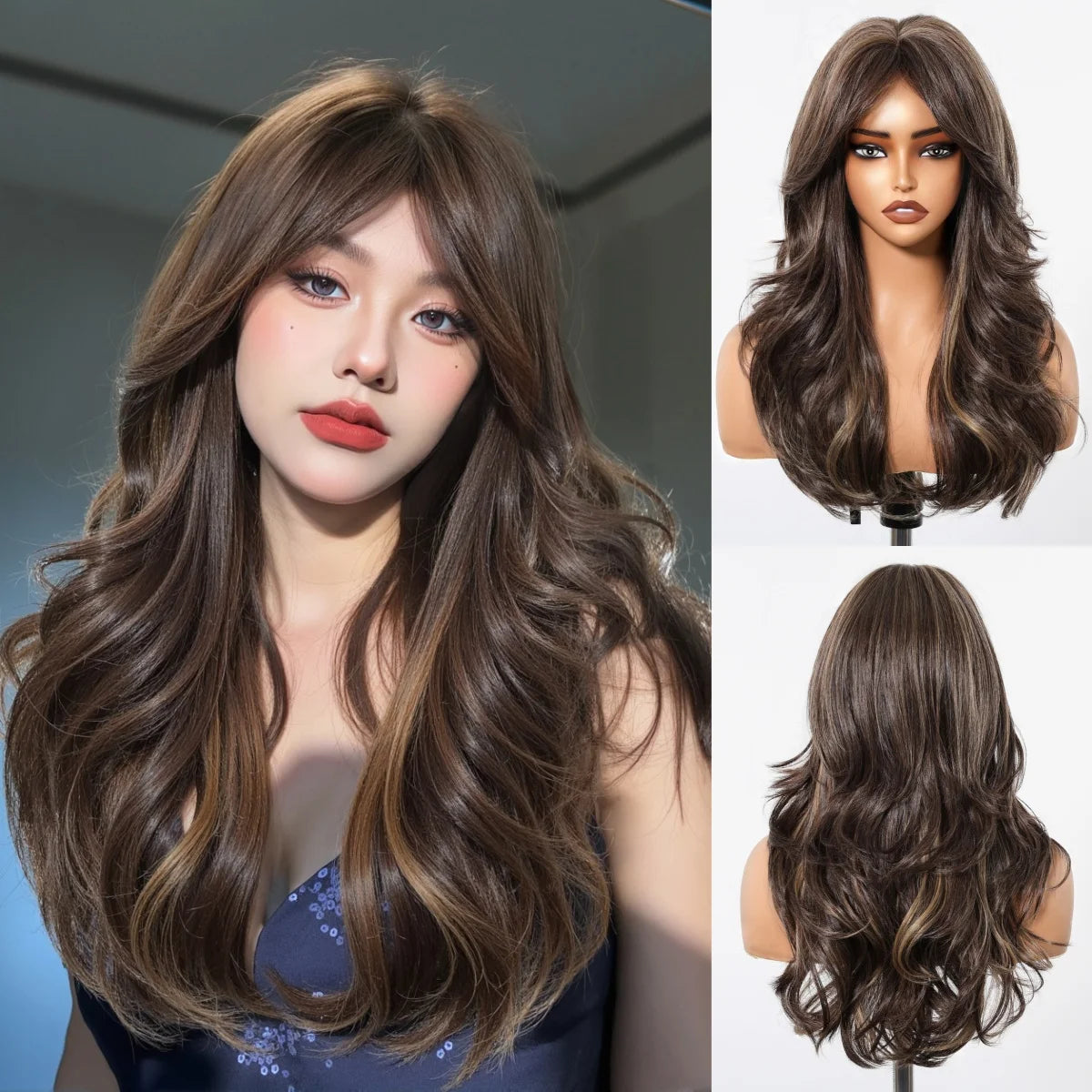 Long Curly Wavy Brown Wigs Highlights Brown Hair Synthetic Wigs For Women Daily Middle Part Natural Looking Wig High Temperature