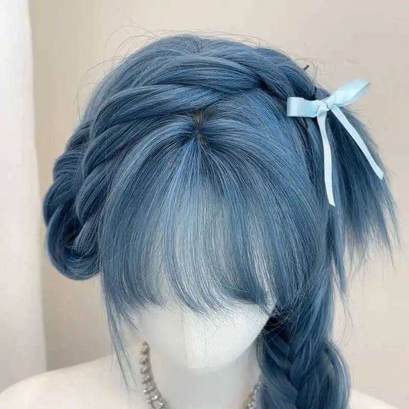 Long Straight Hair Cosplay Synthetic Wig Women Girls Cute Blue Wig With Bangs