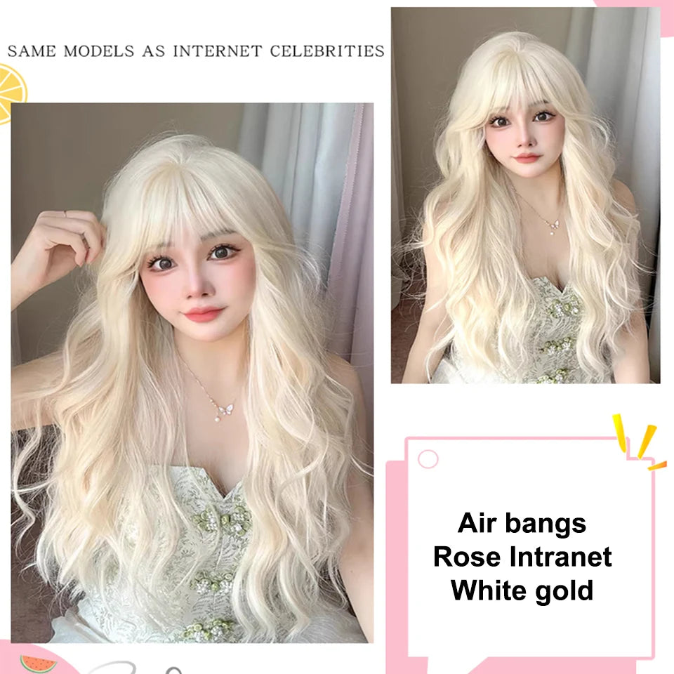 BEAUTYENTER Long Wavy Blonde Synthetic Wigs with Bangs for Women Natural Wave Cosplay Party Daily Use Hair Wigs Heat Resistant