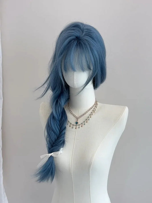 Long Straight Hair Cosplay Synthetic Wig Women Girls Cute Blue Wig With Bangs