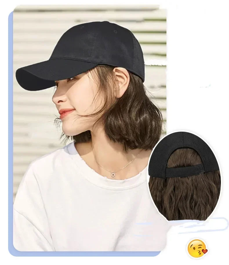 New Fashion Hat Hair Extensions Medium Long Ladies Curly Wigs Hats Connected Head Cover Synthetic Peaked Cap Wig For Women